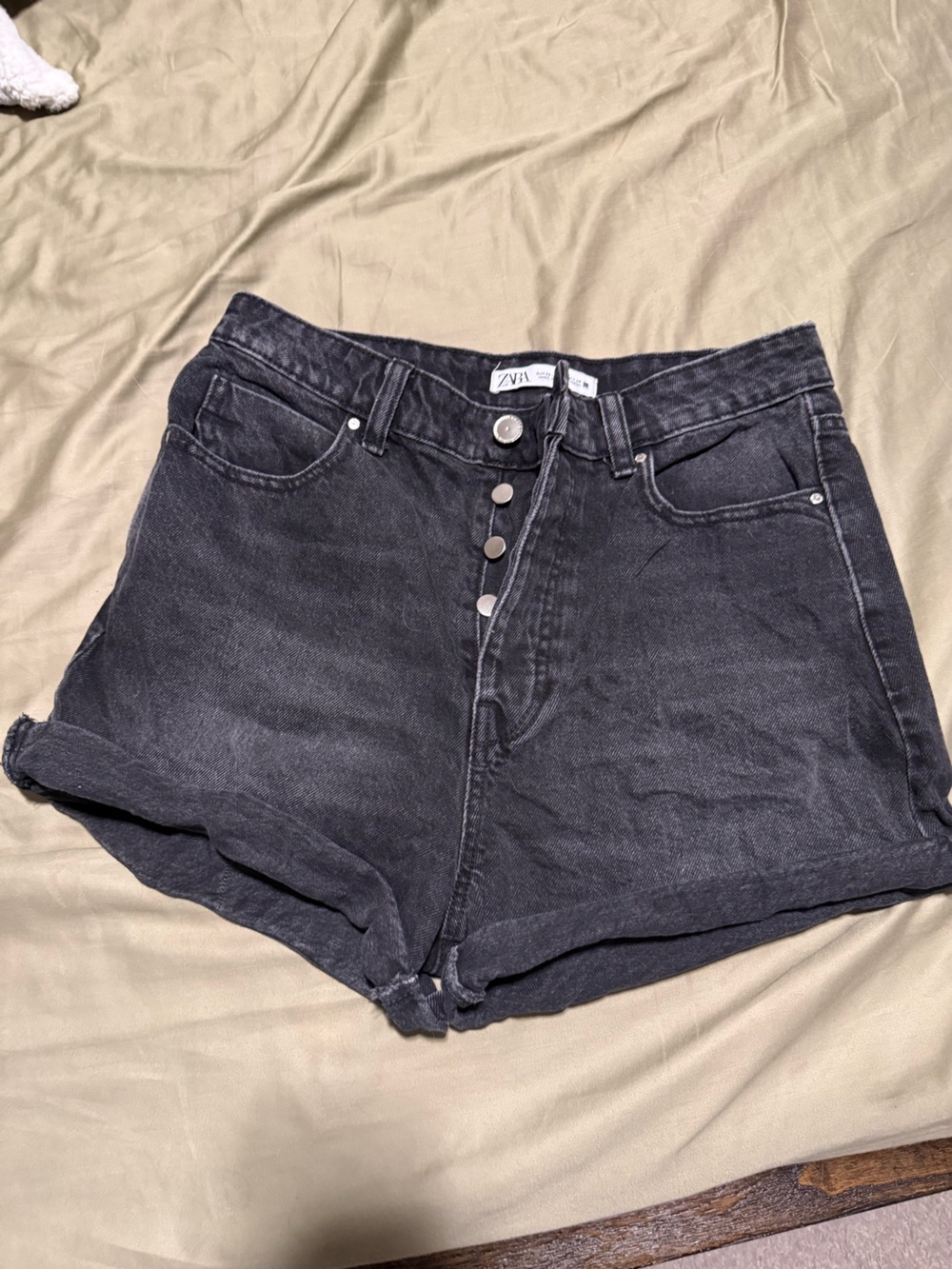 ZARA Black Button-Fly Cropped Denim Shorts